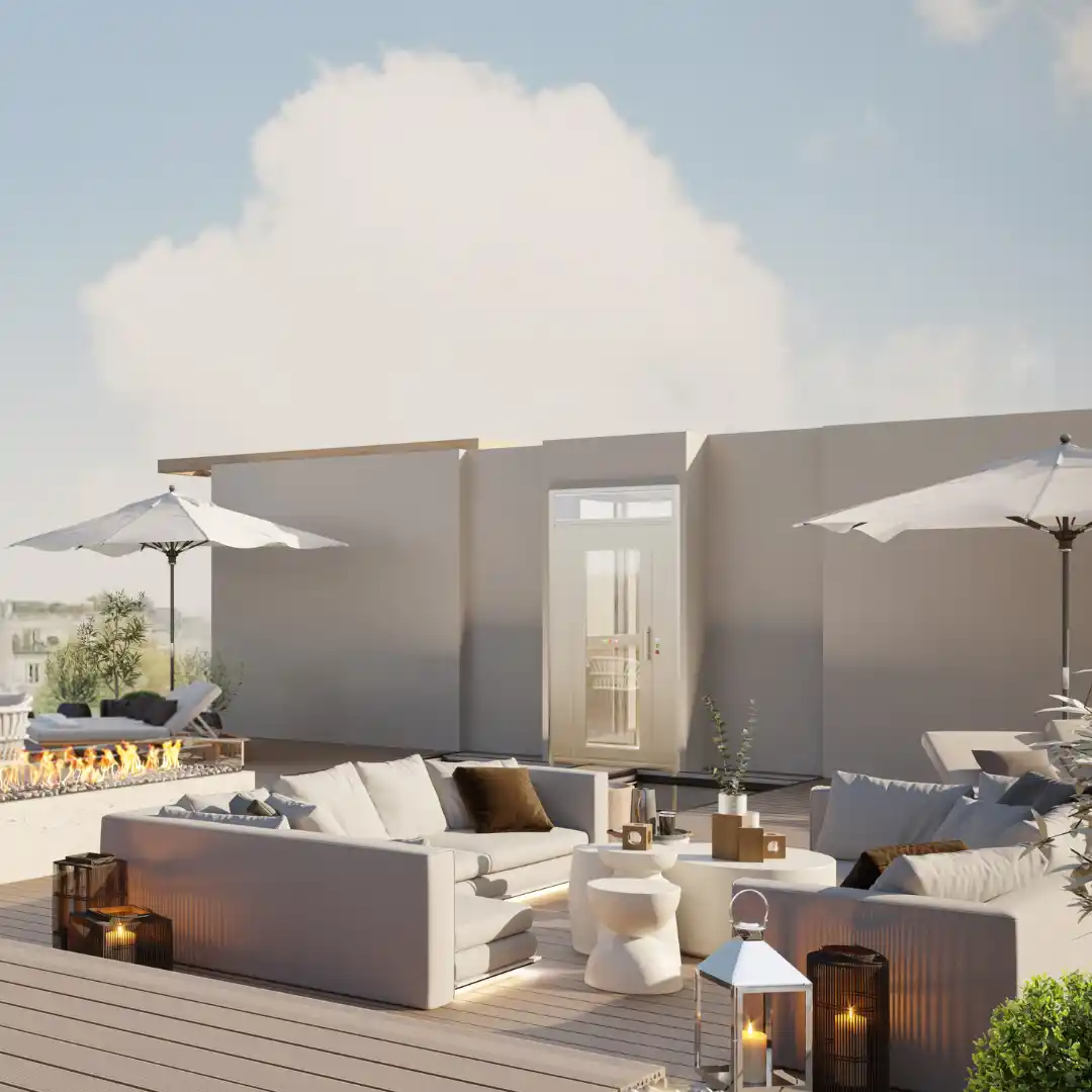 Modern luxury rooftop terrace design with white outdoor furniture, fire pit, and umbrellas by Studio 21
