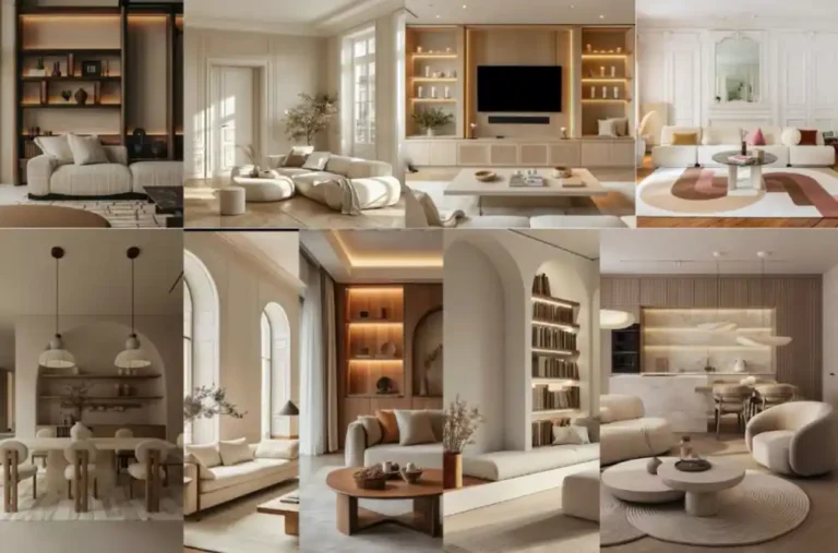 Luxury residential interior design moodboard featuring neutral living spaces with custom built-ins, arched doorways, and organic modern furniture