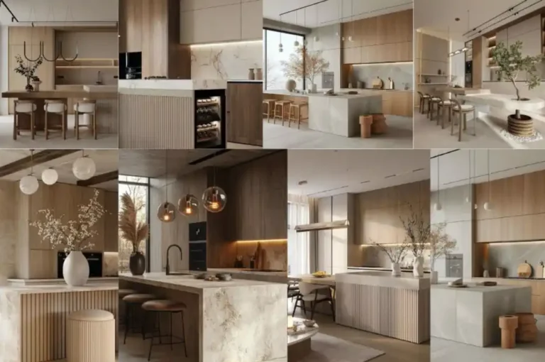 Modern kitchen and dining room design moodboard showcasing marble islands, fluted cabinetry, warm wood tones, and integrated LED lighting