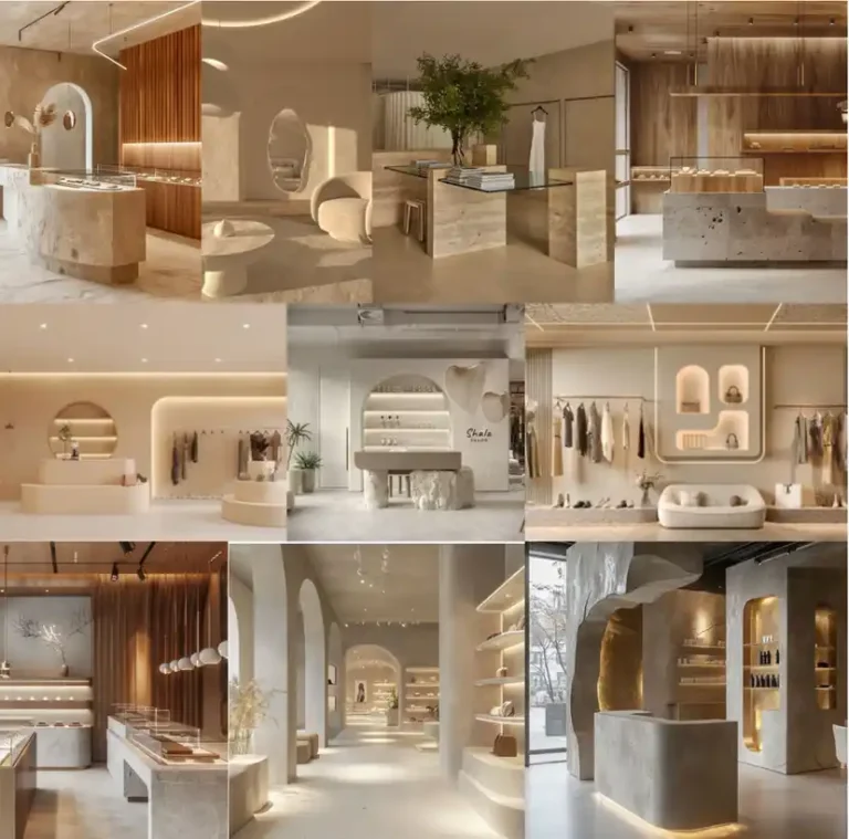 Luxury retail boutique interior design moodboard featuring travertine displays, arched niches, curved walls, and minimalist product showcases