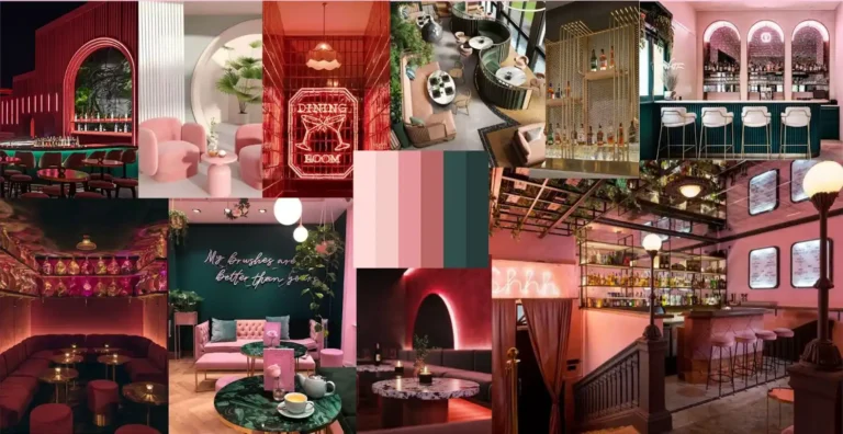 Bold hospitality and bar design moodboard with jewel tones, velvet seating, brass accents, neon signage, and maximalist color blocking in pink, emerald, and burgundy