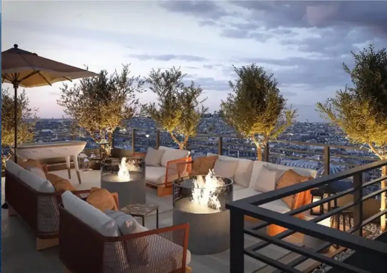 Rooftop terrace 3D render with panoramic city views, illuminated olive trees, modular outdoor seating, fire pit tables, and contemporary landscaping