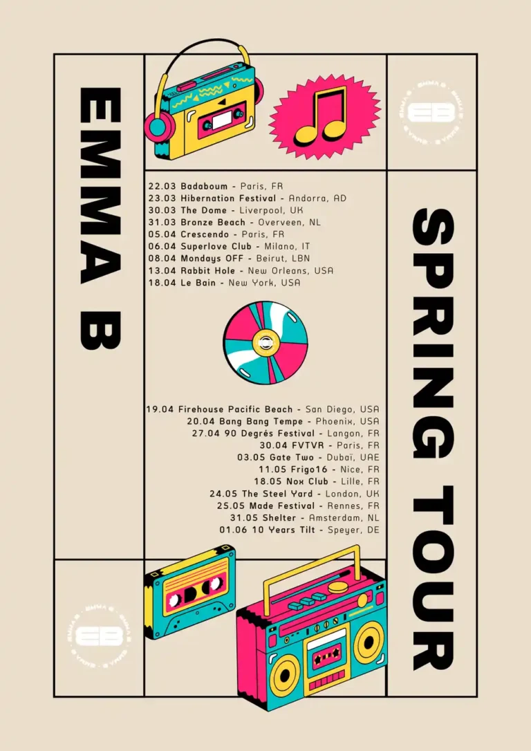 Retro-style beige tour poster with cassette tape, boom box, and music note graphics listing spring 2024 concert venues
