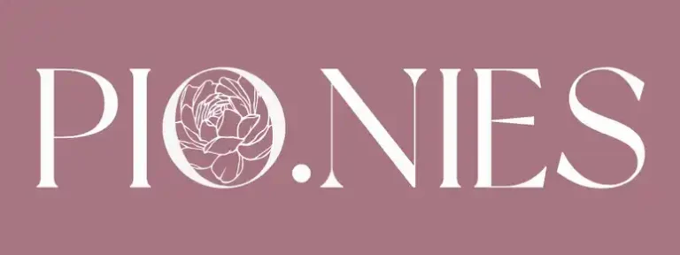 Elegant PIONIES wordmark logo in white serif typography with decorative peony flower illustration integrated into the O letterform on dusty rose background