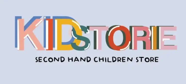 Playful KIDSTORIE children's brand logo with multicolored patterned letters spelling out second-hand children store tagline