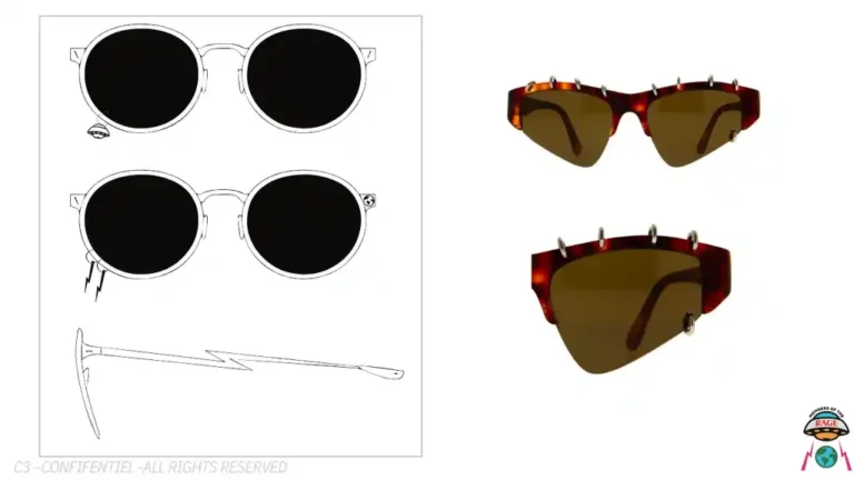 Eyewear design development showing technical sketches of round frame sunglasses alongside final tortoiseshell product with spiked decorative details