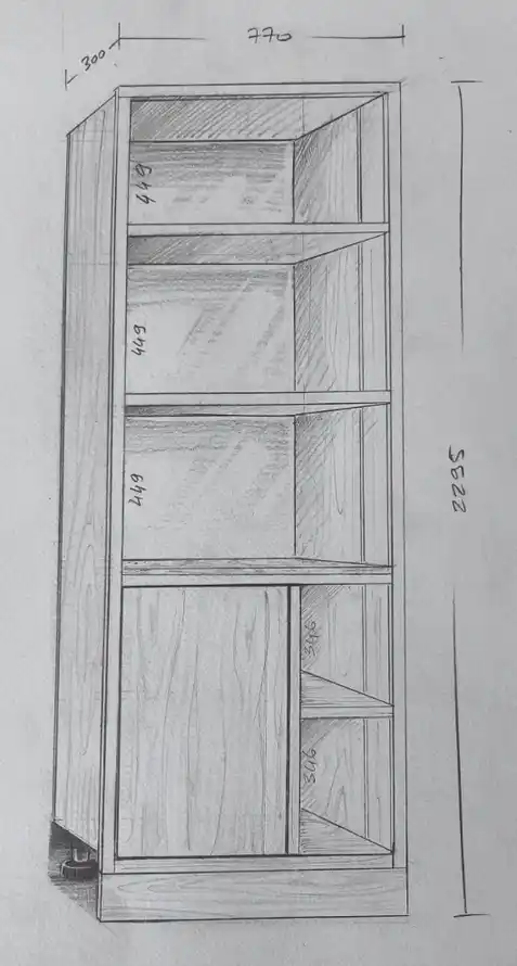 Hand-drawn design sketch of custom shelving unit with measurements showing asymmetrical compartment layout