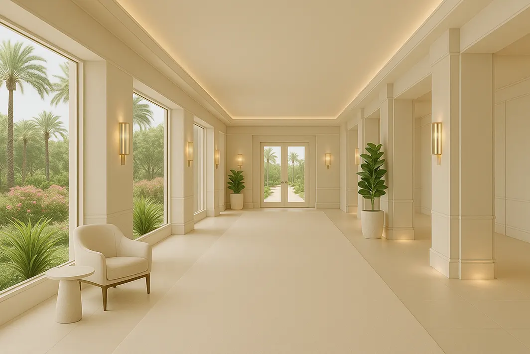 Elegant hotel hallway with floor-to-ceiling windows overlooking palm trees, cove ceiling lighting, paneled walls, and symmetrical seating arrangement