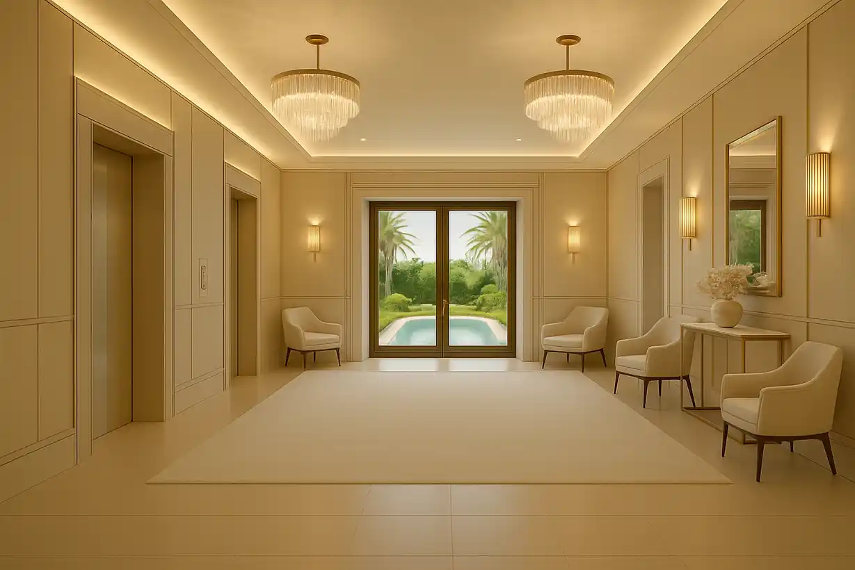 Luxury hotel elevator lobby featuring dual tiered crystal chandeliers, paneled walls with brass trim, cream seating, and French doors opening to pool terrace