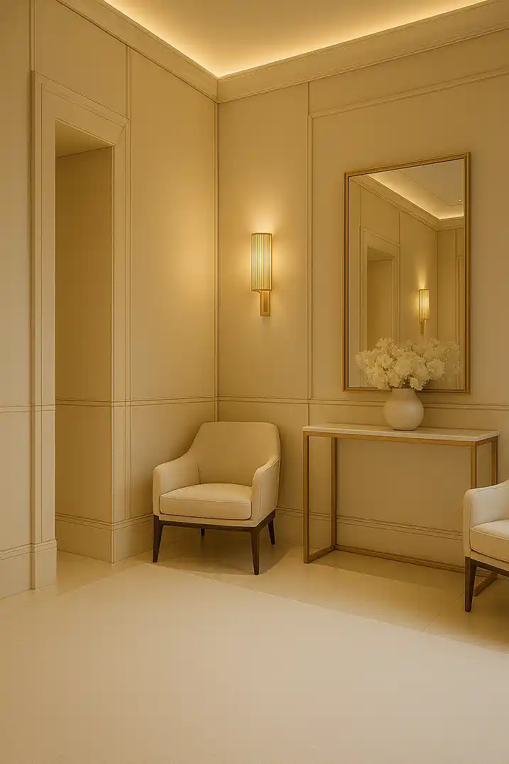 Minimalist hotel corridor detail with paneled walls, brass fluted wall sconce, console table with floral arrangement, and cove lighting