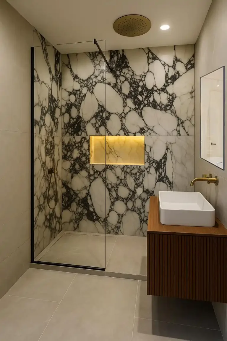Modern bathroom with floor-to-ceiling book-matched marble shower wall, backlit niche, frameless glass enclosure, and floating walnut vanity with vessel sink
