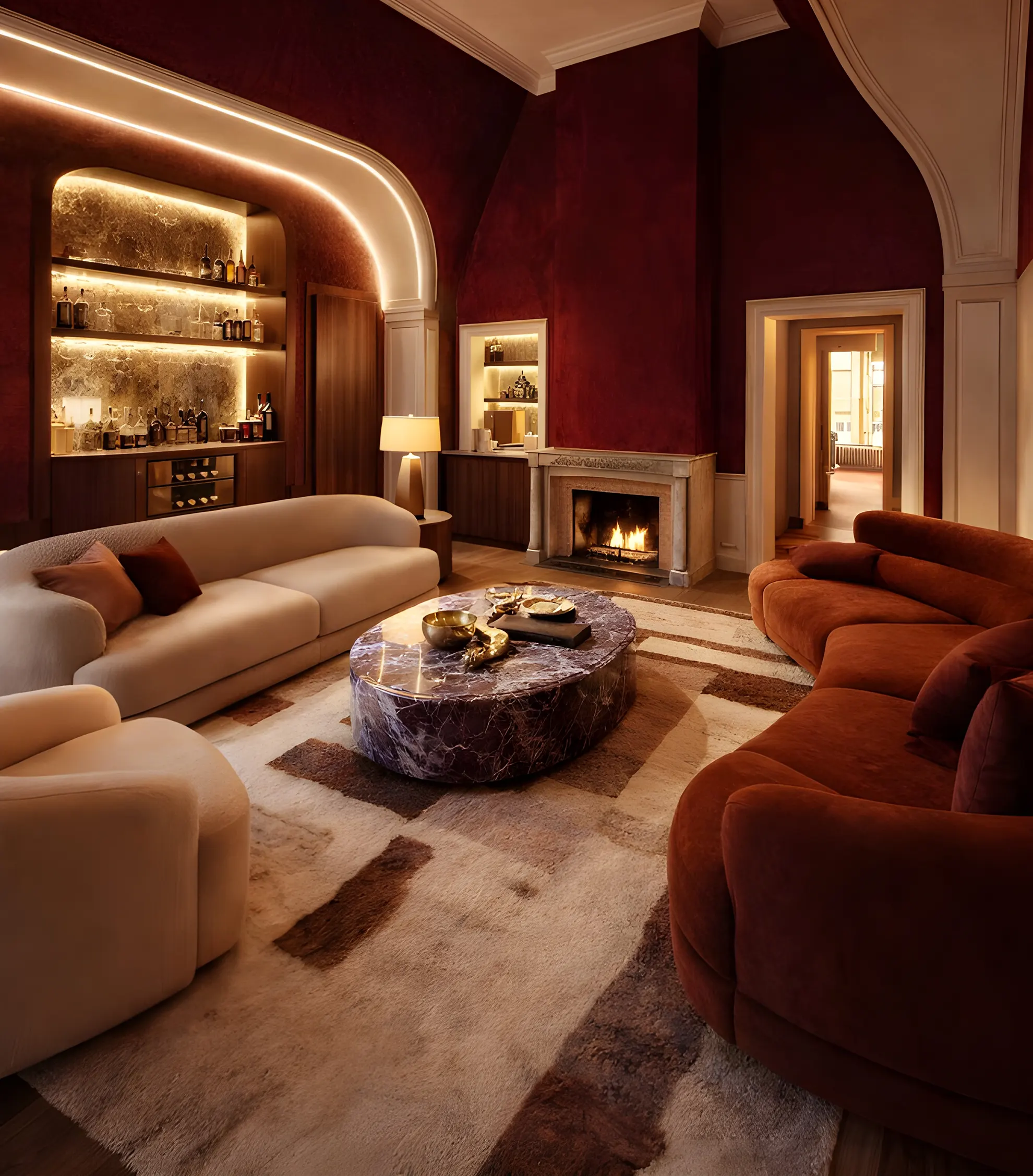 Luxury living room with burgundy walls, curved velvet sofas, backlit arched bar niche, marble coffee table, and classical fireplace featuring warm ambient lighting